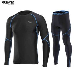 ARSUXEO Men Winter Running Set Sport suits Tracksuit Fleece Long Sleeve Sportswear Compression Shirts Pants Gym Clothing U81kk Y1221