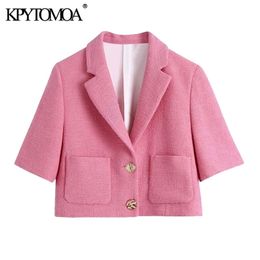 KPYTOMOA Women Fashion With Pockets Tweed Blazers Coat Vintage Notched Collar Short Sleeve Female Outerwear Chic Tops 211019