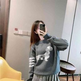 JuiceSnow Women Cartoon Knit Sweater Striped Jumper With Dog Puppy Top Pattern Long Sleeves Round Neck Girl Pullover 210914