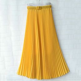 Fashion Women Skirts with Belt High Waist Chiffon Pleated Long Skirts For Women Daily Office Skirts 210310