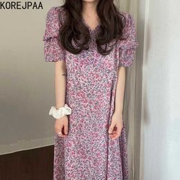 Korejpaa Women Dress Summer Korean Chic Ladies Sweet Gentle Temperament V-Neck Lace-Up Waist Floral Puff Sleeve Vestidos 210526