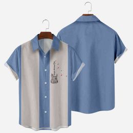 2021 New Summer Guitar Stripe 3D Digital Printing Trend Loose Short-sleeved Shirt Men's Top G0105