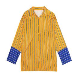 PERHAPS U Women Striped Shirt Yellow Blue Turn Down Collar Patchwork Full Sleeve Long Sleeve Korean Sash B0276 210529