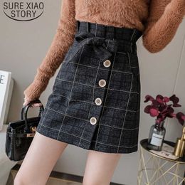 Fashion Autumn High Waist Elasticity Waist Woollen Plaid Skirt A-line Button Bow Winter Sweet Mini Skirt Plus Size 7748 50 210527