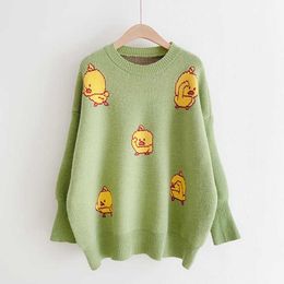 PERHAPS U Green Apricot Gray White Black Little Yellow Duck Sweater O Neck Knitted Pullovers Long Sleeve Winter Autumn M0075 210529