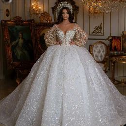 Luxury Crystal Wedding Dress Lace Appliques Sweetheart Bridal Gowns Long Sleeves Sequins Floor Length Robe de mariee
