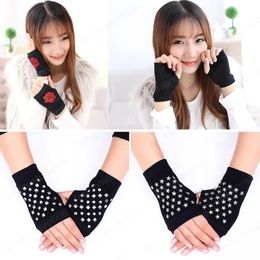 Rhinestone Fingerless Gloves Rose Animals Printed Women Men Winter Warm Knitted Gloves Wool Half Finger Computer Mittens