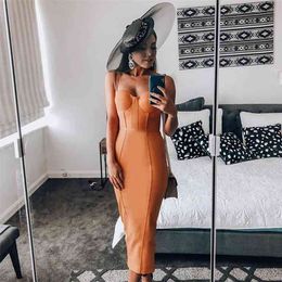 Bandage Dress evening summer women's long maxi bodycon dress ribbed orange red black sexy party dress club birthday outfits 210630