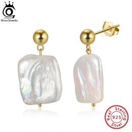 Stud Stud Orsa Jewels 925 Silver Large Flat Freshwater Pearl Earrings for Women Fashion White Baroque Jewelry Gpe06 1nbz