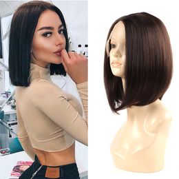 Silky Straight Synthetic Lace T-Part Bob Wig Middle Length 14Inch Brown Wig Ombre Color For Women Daily Use By Fashion Iconfactory direct