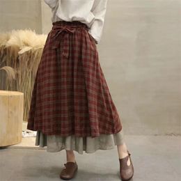 Lamtrip Unique Vintage England plaid Elastic waist A-Line bow belt layers skirt mori girl June new arrival 210309