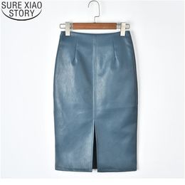 Women Split Skirts Solid Korean PU Leather Fashion Casual High Waist Straight Mini Spring Autumn 9671 210621
