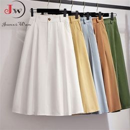 Women Cotton Skirt Spring Summer Preppy Style Solid Casual Elegant Pocket Elastic High Waist A-Line Midi Skirts Faldas 210619