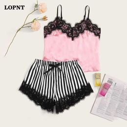 LOPNT Sexy ladies V-neck pyjamas set Sleeveless Strap Nightwear Eyelash Lace Satin Cami With Striped Shorts sleepwear set Q0706