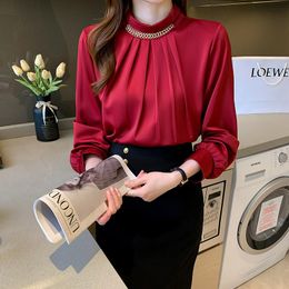 Women's Blouses & Shirts Blouse Fashion Autumn Solid Tops For Women Blue Stand Neck Shirring Long Sleeve Top Female 2021 Metal Chain Basic