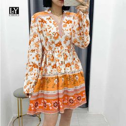 LY VAREY LIN Autumn Yellow Floral Print Dresses Women National Style Long Sleeve Drawstring Sash Tie Up Ladies Dress 210526