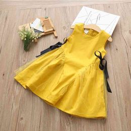 Summer 3 4-12 Years Children's Elegant Princess Sold Color Bow Lace Patchwork Kids Sundress Tank Girls Dress 10 To 12 Years 210701