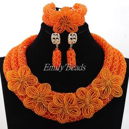 orange flower earrings UK - Earrings & Necklace 2021 Handmade Flower Brooches For Bridal African Wedding Nigerian Beads Jewelry Set Orange Crystal ALJ411