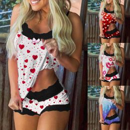 Women's Summer Pyjama Suit Fashion Sexy Heart Print Sleeveless Lace Cami Shorts Lingerie Sleepwear Set Female Clothes Q0706