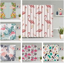 Shower Curtains Flamingo Curtain Tropic Animal Green Plant Flower Children Bathroom Wall Hanging Waterproof Hook Home Decor Set