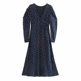Stylish Chic Slim Dot Printed Dress Autumn Fashion Women V Neck Dresses Elegant Ladies Long Sleeve Mid Calf Vestidos 210531