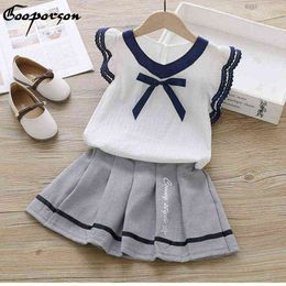 Kids Girls Clothes Set White Blouse Shirt and Plaid Skirt with Bow Basic Style Baby Girl Summer Outfits Children Clothing G220310