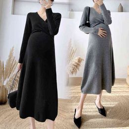 Fashion Maternity Dress Mid-length Autumn And Winter Knitted Long Skirt Women's Bottoming Shirt Maternity Autumn Sweater Loose G220309