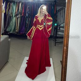 Traditional vestidos formales Arabic Velvet Evening Dresses Caftan Flared Sleeves Applique Prom Dress robe de soirée 2021