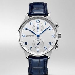 Classic New Quartz Movement Chronograph Men Watch Stopwatch Sapphire Watches Silver Blue Leather Sport Limited White Dial