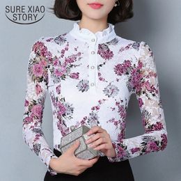 New 2021 Fashion Blusa Women Brand shirt Slim Pirnted shirt long-sleeved Female lace Tops Women lace blouse Plus size 4XL 36i 25 210315
