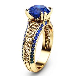 ruby rings Australia - Vintage carving blue crystal sapphire ruby gemstones rings for women diamonds 14k gold color jewelry bijoux bague gifts