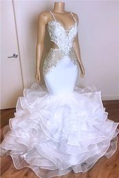 2021 Sexy Arabic Mermaid Wedding Dresses Plus Size Illusion Lace Appliques Crystal Beads Sleeves Spaghetti Straps Tiered Organza Cutaway Sides Formal Bridal Gowns