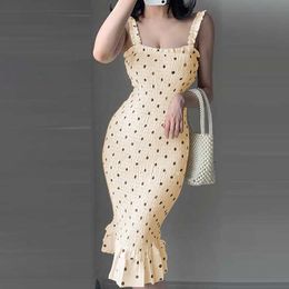 Women Fashion Polka Dots Print Bodycon Party Dress Chic Ruffled Hem Thick Strap Cocktail Party Midi Dress 210716