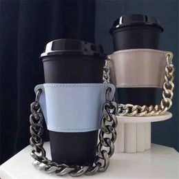 PUレザーの食器衣装ホルダー携帯用ガラス瓶レザーケース環境に優しいコーヒーカップバッグ取り外し可能なチェーンボトルカバー