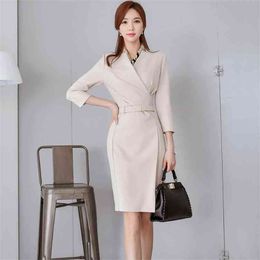OL Office Dress for women Autumn long Sleeve V neck cotton Sexy Ladies Fashion Formal Midi Dresses 210602
