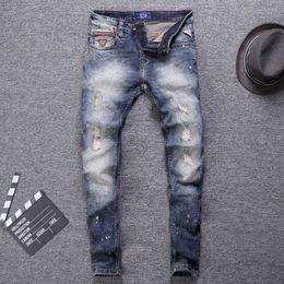 Italian Style Fashion Jeans Men Retro Gray Blue Distred Ripped Elastic Cotton Slim Fit Streetwear Hip Hop Denim Pants