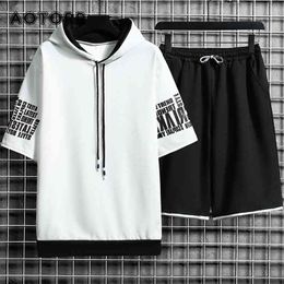 Mens Casual Sets Fashion Outdoor Sportwear Man Clothing Hooded Sweatshirt Short Sleeve T-shirt Shorts Tracksuit Summer 2 Pcs Set 210714