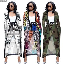 Autumn Winter Women's Set Full Sleeve Long Cape Coat Sashes Pants Sexy Fashion Print OL Two Piece Outfits Tracksuits 3535 210930