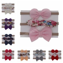 Fashion 3pcs/lot Felt Bows Kid Elastic Headbands Printed Flower Bow Knot Khaki Nylon Hairbands Girl Hair Accessorise Gifts Sets