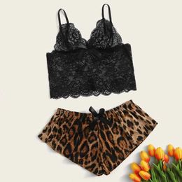 Pyjamas Sleepwear Sexy Sleepwear Set Women Lace Crop Top Lingerie Leopard Print Shorts Briefs Boxer Underwear Pyjamas Satin Q0706