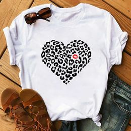 Maycaur Women T-Shirt Lip Leopard Heart Print T Shirt Women Summer Casual White Tops Loose Short Sleeve Tshirt Camisas Mujer X0527