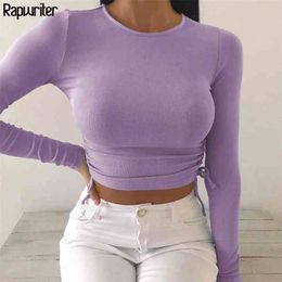 Casual Solid O-Neck Long Sleeve Crop Top Women Side Drawstring Ruched White T-Shirt Female Tee Shirt Top For Women Clothing 210818