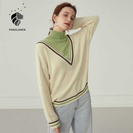 FANSILANEN Patchwork vintage turtleneck knitted sweater Womne autumn winter oversized white pullover Knitwear elegant jumper 210607