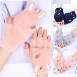 Soft Mink Gloves Cartoon Ear Fingerless Flip Mittens Winter Warm Wool Touchscreen Gloves Flap Cover Women Men Knitted Gloves