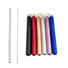 Set Aluminium Alloy Case Box Storage Stash Jars Round Bottom 6 Colours With Telescopic Stainless Steel Straw Brush