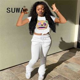 Loungewear Women Clothing Two Piece Sets Summer Cartoon Print Pullover T-Shirt Top Stacked Sweatpants Casual Outfits Wholesale 210525