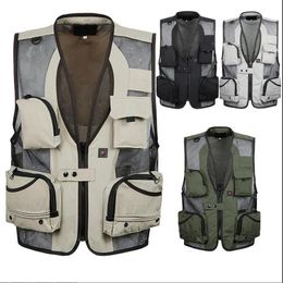 Men's Vests Men Waistcoat Vest Multi-Pocket Clothes Utility Pograph Jacket Sleeveless Network Zipper