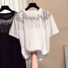 Korean Women With Sequins T Shirt Summer Short Sleeve Loose Tassel Streetwear White Tee Woman Casual Tops Clothing 210525