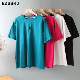 spring summer Women basic heart embroidery T-shirt Casual Loose short sleeve bottom candy Colour cotton T-shirt Female Tops 210302