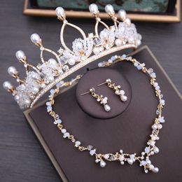 Gold Pearls Wedding Hair Jewellery Bridal Necklace Earrings Set With Tiara Women Prom Jewelrys Sets Accessories H1022